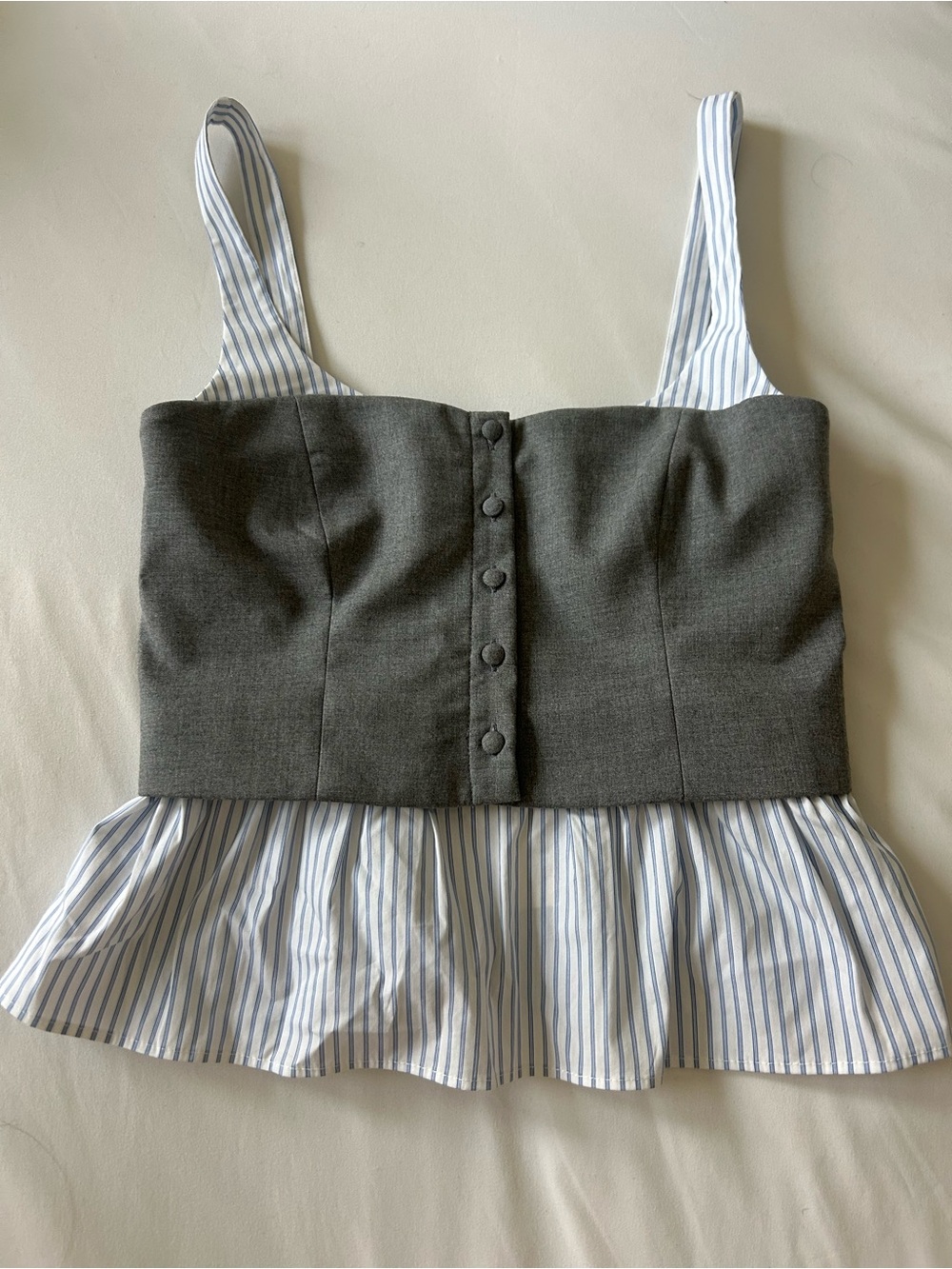Zara Charcoal Bustier Tank with Blue-White Striped Peplum